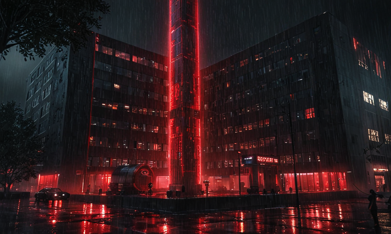 Vygenerovaný obrázek budovy ve stylu cyberpunku